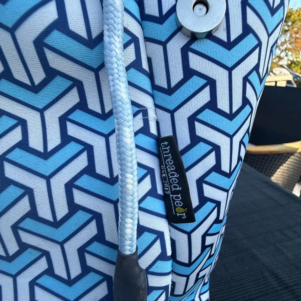 Threaded Pear Neoprene Geometric Blue and Pink Tote Bag with Pouch - Picture 3 of 5